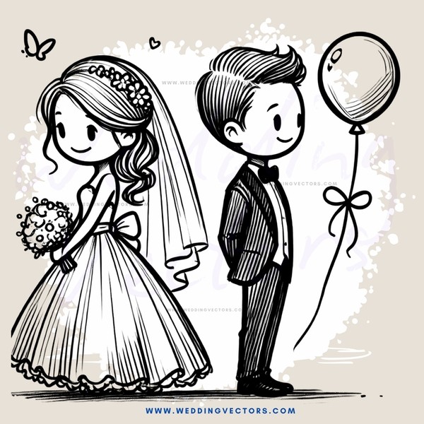 a bride and groom with a balloon
