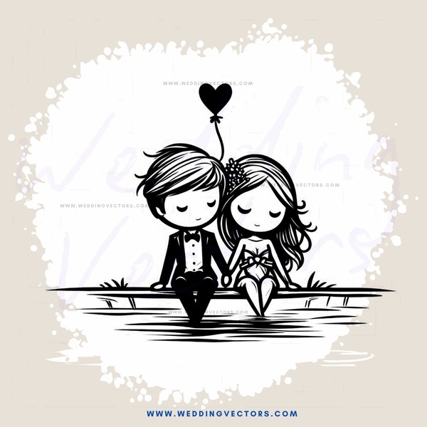 a couple sitting together on a bench with an heart floating above them
