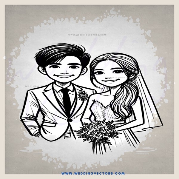 a bride and groom drawing in black and white