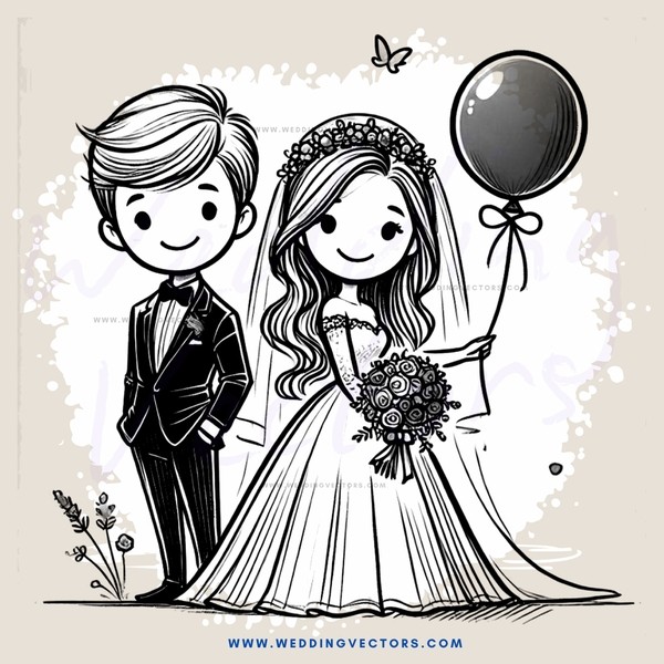a bride and groom with balloon