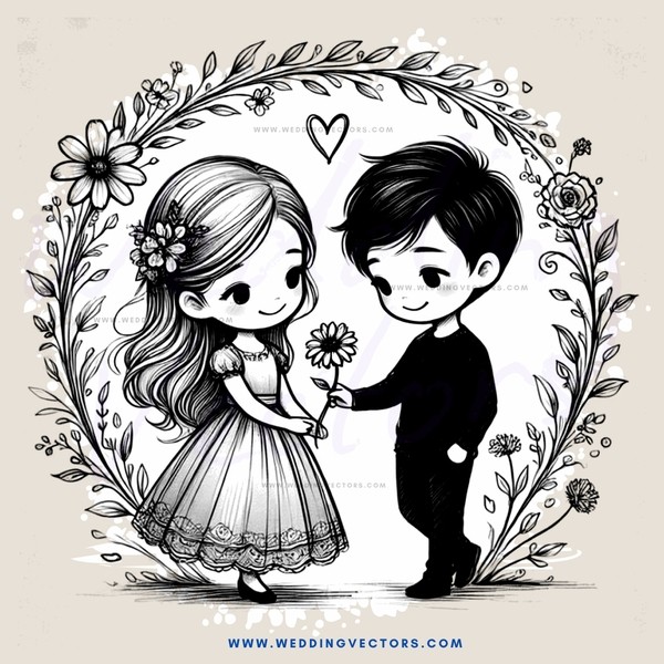 a girl and boy with a heart in between them