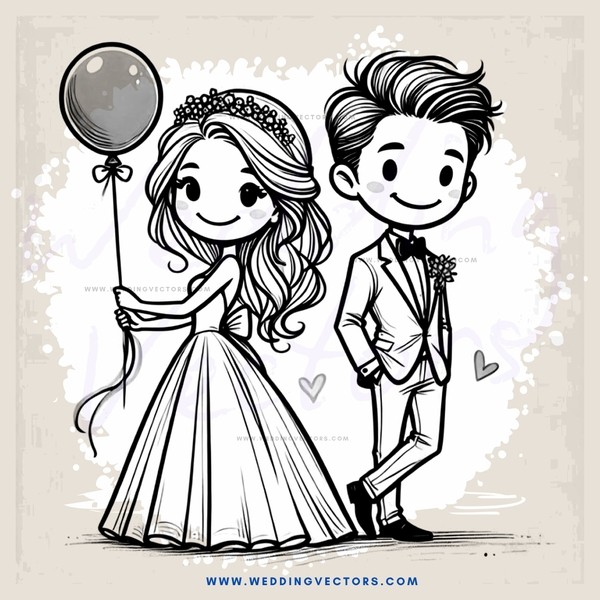 a bride and groom holding balloons