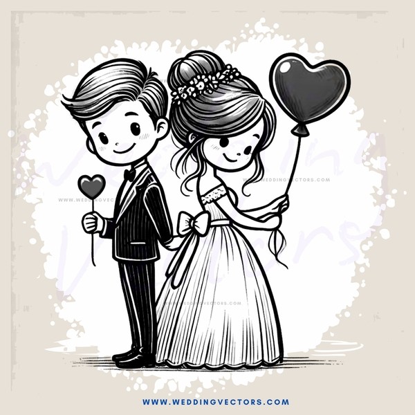 cartoon boy and girl holding heart balloons