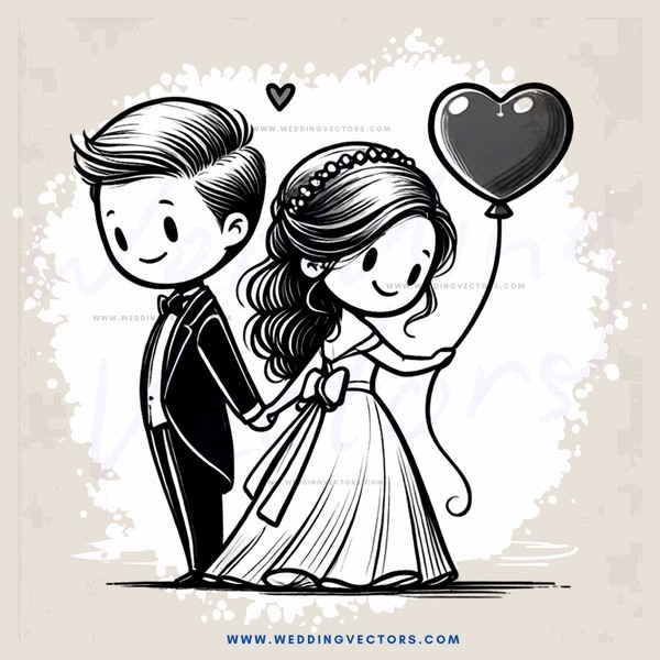 bride and groom hugging with heart balloon
