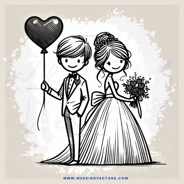 a bride and groom with balloon hearts