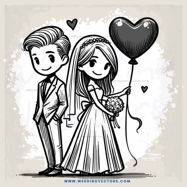 wedding bride and groom with balloon heart in cartoon drawing