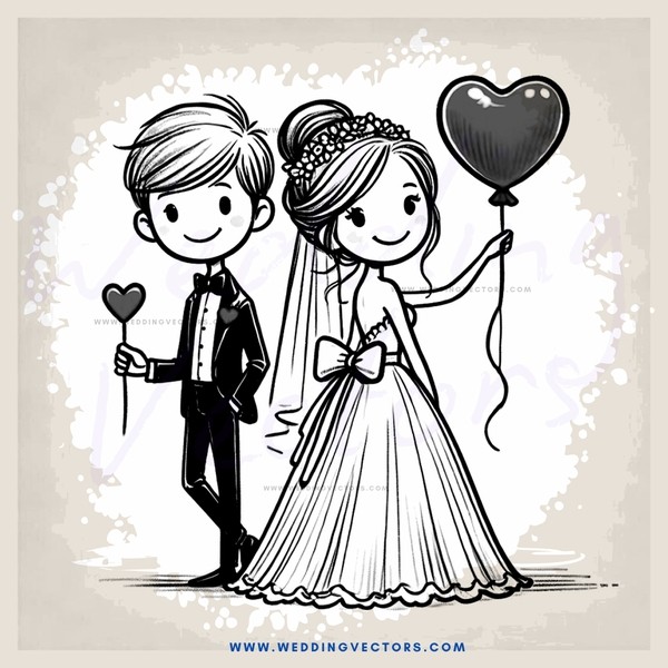 a bride and groom hold hearts while a balloon floats behind them
