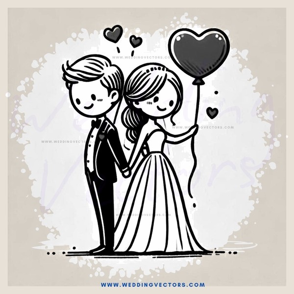 a bride and groom with a balloon heart