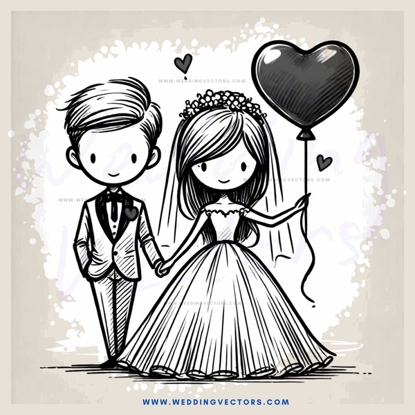 a bride and groom with balloons