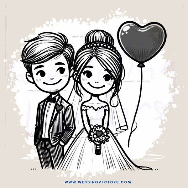wedding illustration with balloon bride and groom