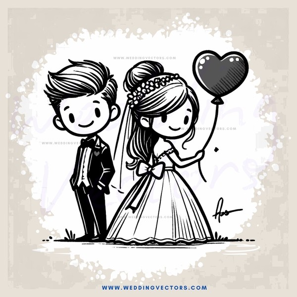 a bride and groom holding hearts balloons