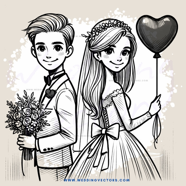 wedding portrait of bride and groom with heart balloon and bouquet