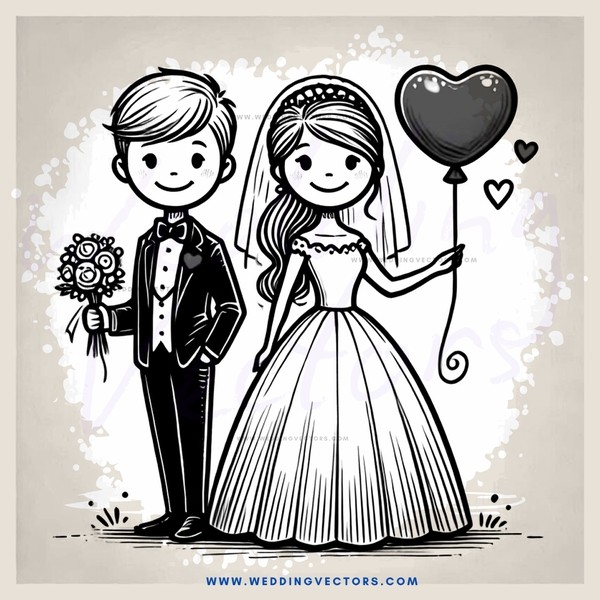 wedding couple holding balloon and flowers