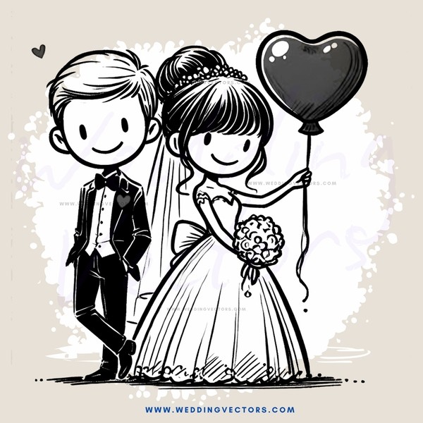 a bride and groom holding balloons