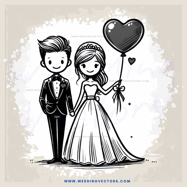 a bride and groom with a balloon heart