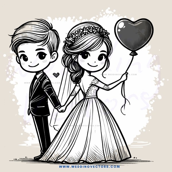 the newlyweds are holding a heart balloon