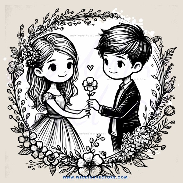 a boy and girl holding flowers