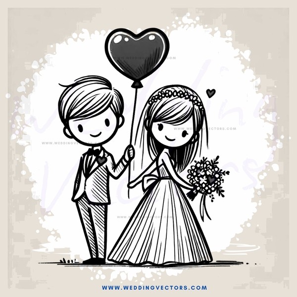 a bride and groom holding heart balloons