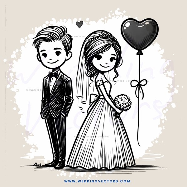 wedding cartoon picture with heart balloon and flowers