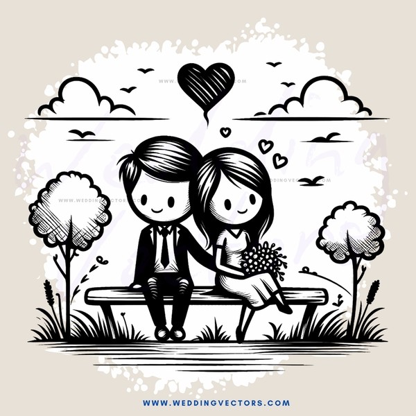 couple on bench with birds and clouds