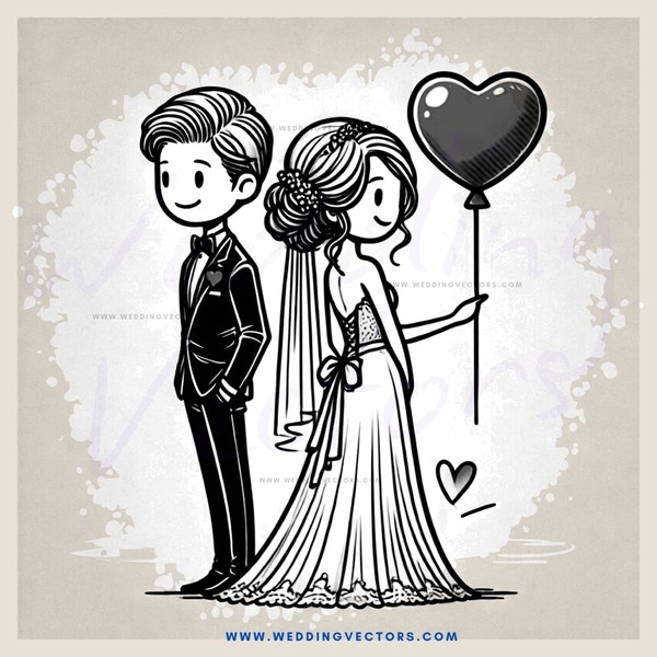 groom and bride in cartoon style portrait