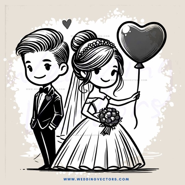 a bride and groom with an airplane heart balloon