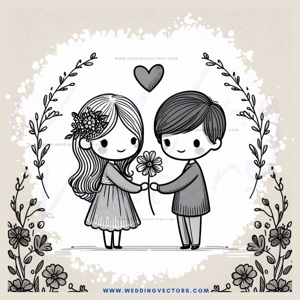 two people posing with flowers and leaves