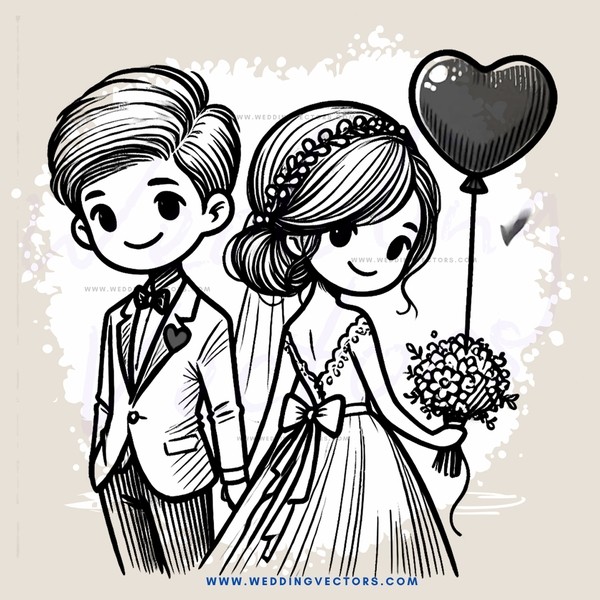a bride and groom with heart balloon