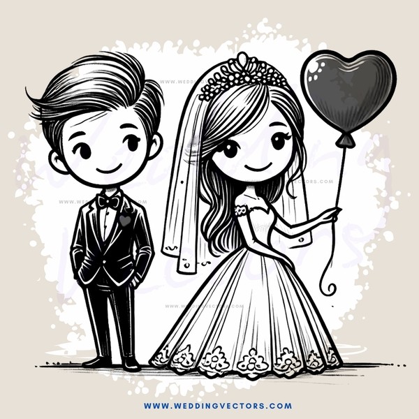 a bride and groom holding a heart balloon