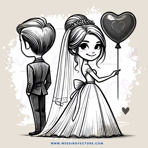 a bride and groom with a heart balloon