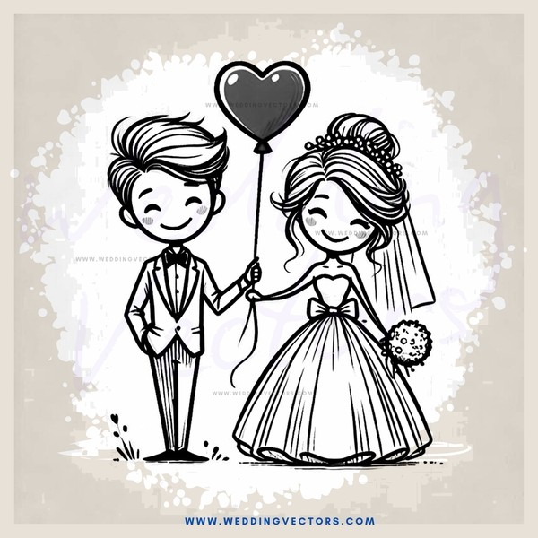 a bride and groom holding a heart balloon