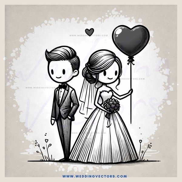 a bride and groom with a heart balloon