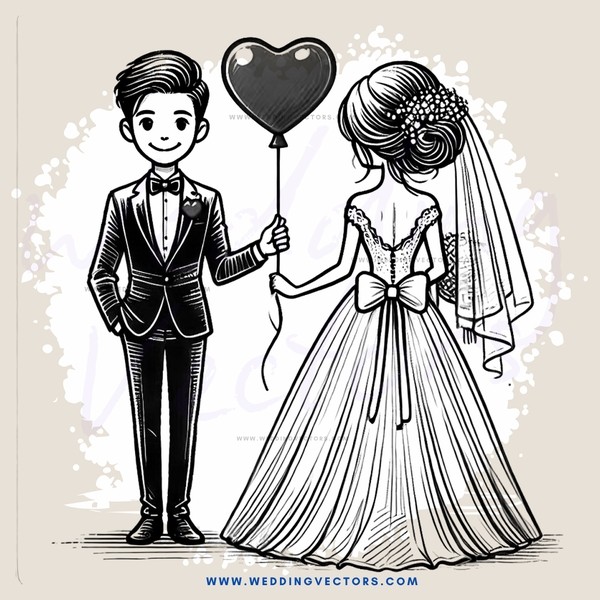 wedding bride and groom with heart balloon