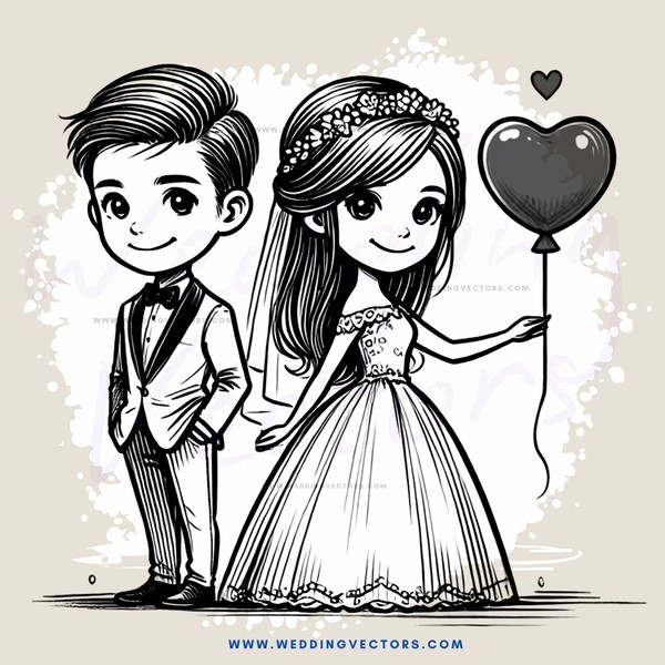 a bride and groom holding a balloon