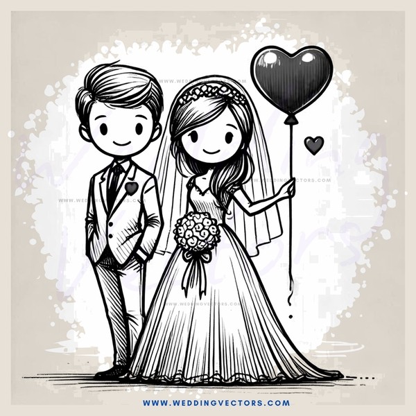 a couple holding hands and balloons with wedding attire