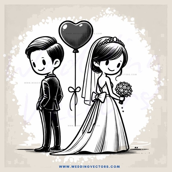 a bride and groom with balloons