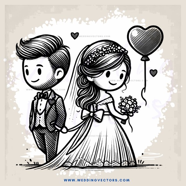 wedding portrait - man and woman holding hands, rose and balloon in background