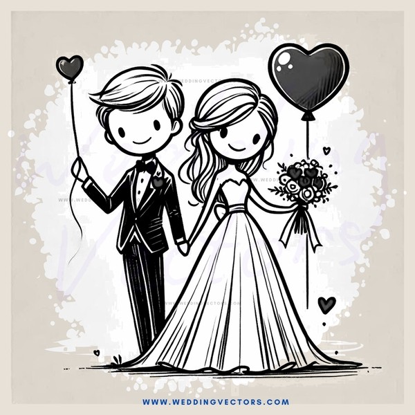 a wedding party in black and white line drawing