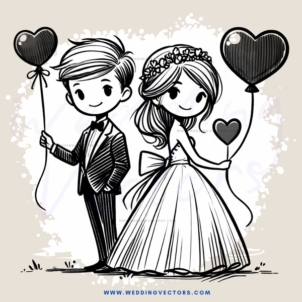 a bride and groom holding balloons