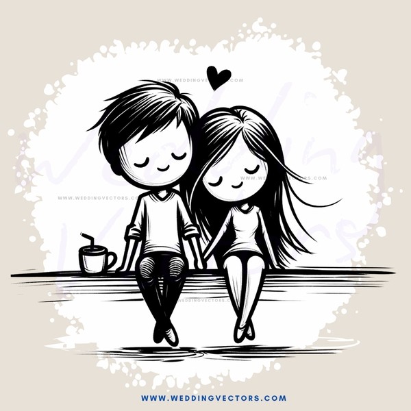 two people sitting together on a bench with love and an umbrella behind them