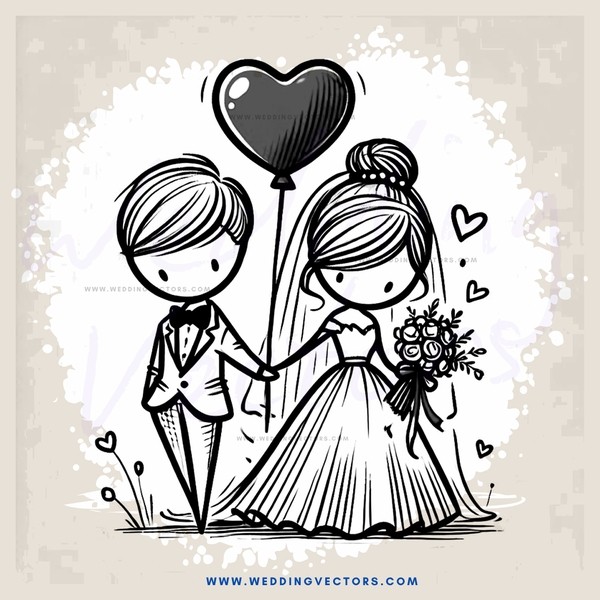a wedding illustration with a heart balloon and bride holding flowers