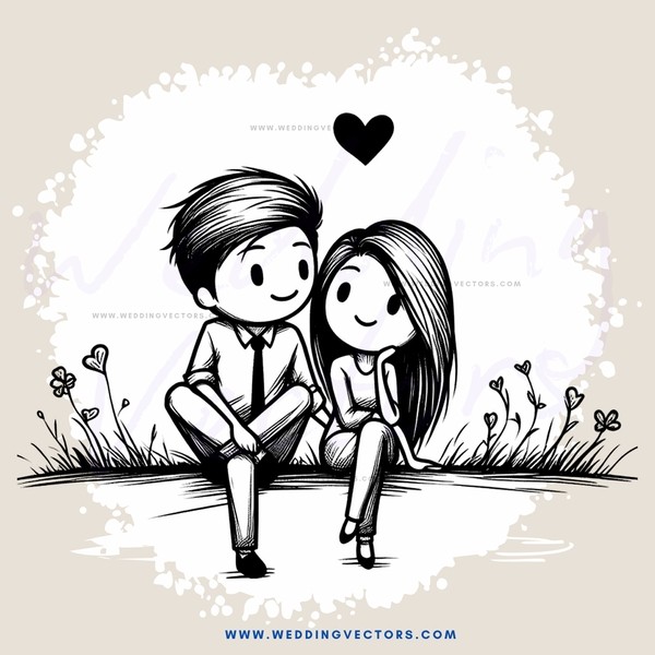 a man and woman sitting in grass with flowers in background