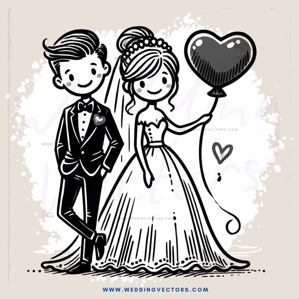 a bride and groom with a heart balloon