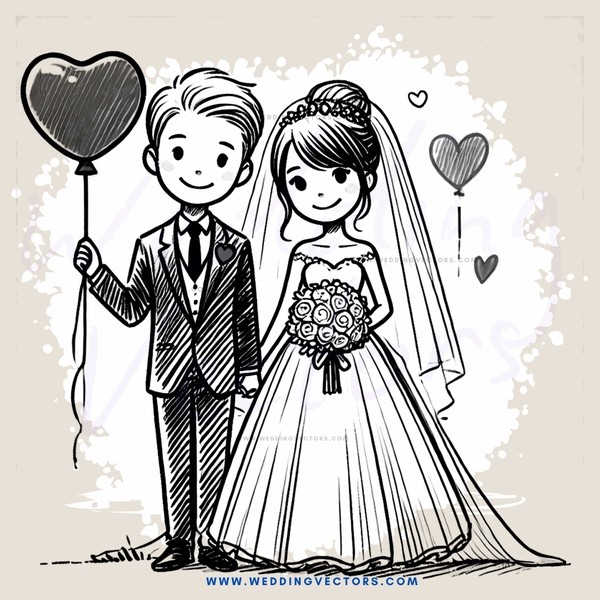 a bride and groom with hearts floating around them