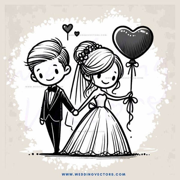 a newly married couple holds balloons and has love emojis above their heads