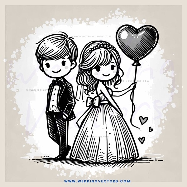 a bride and groom holding hands with a heart balloon