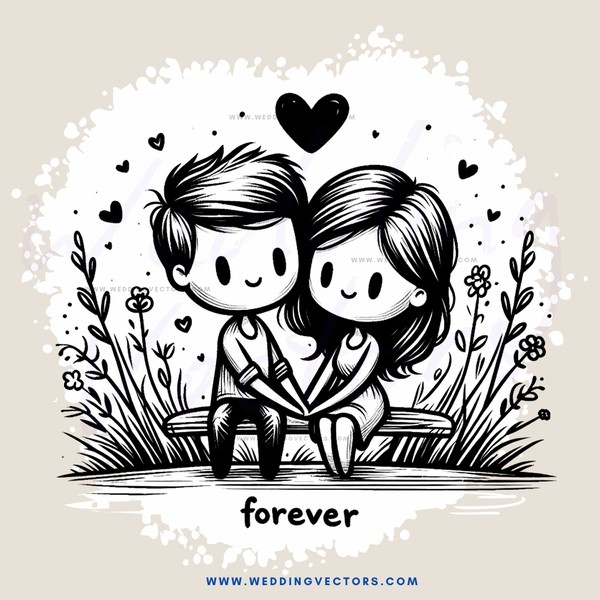 a couple sitting on a bench in front of a garden forever