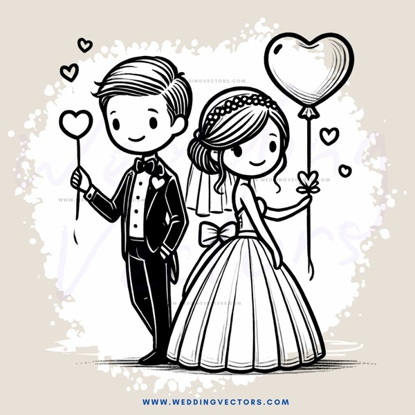 a couple with hearts and an air balloon