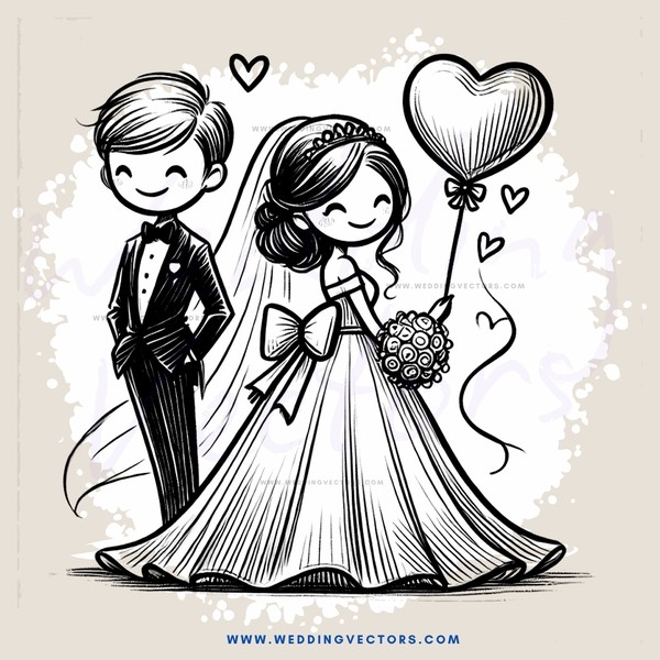 a black and white cartoon drawing of bride & groom