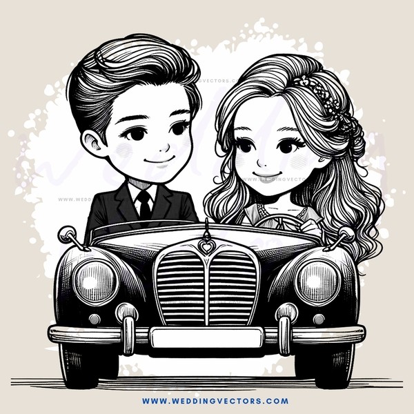 a caricature drawing of an engaged couple